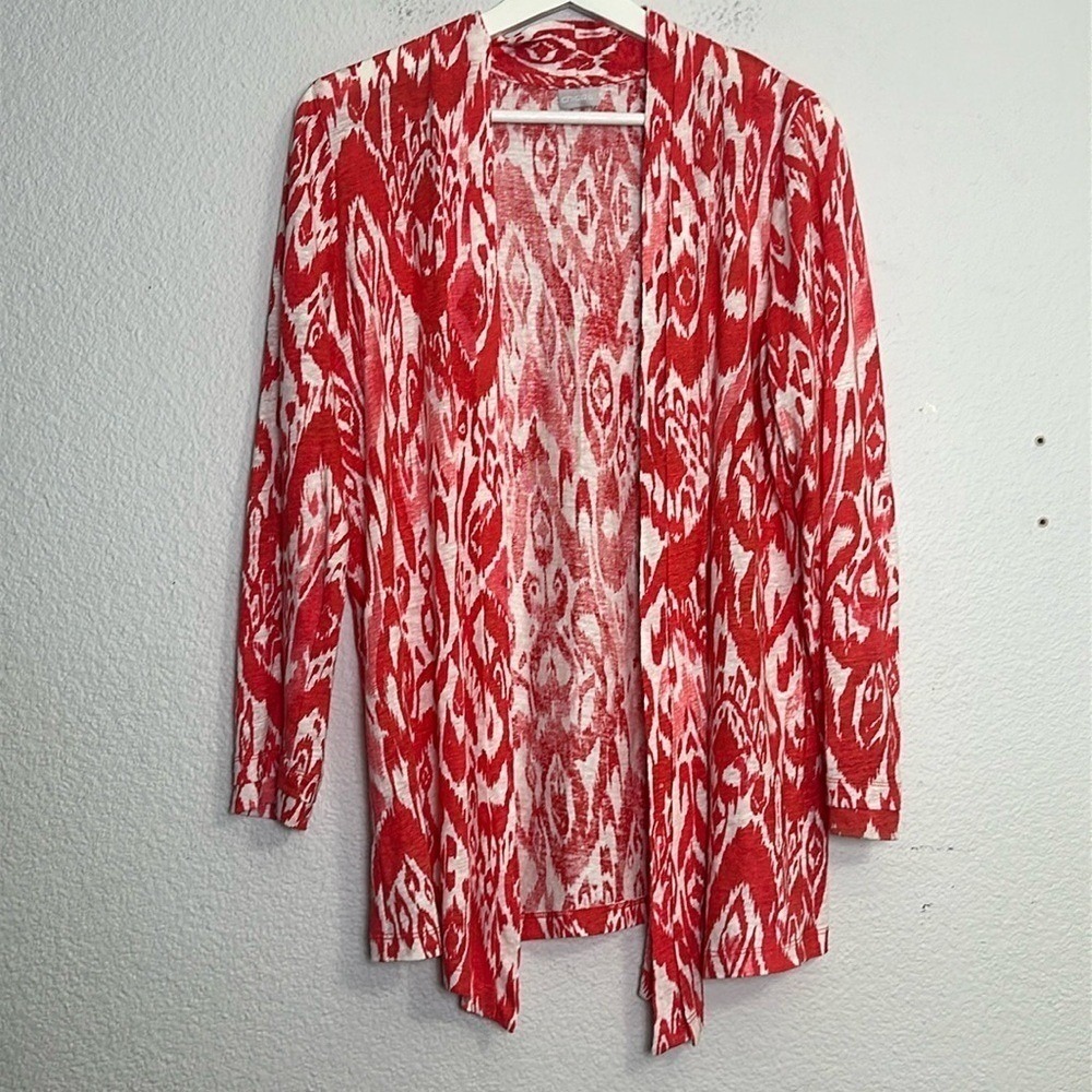 Chico's Ikat Linen Cardigan Red White Open Frony Long Sleeve Coastal‎ Resort